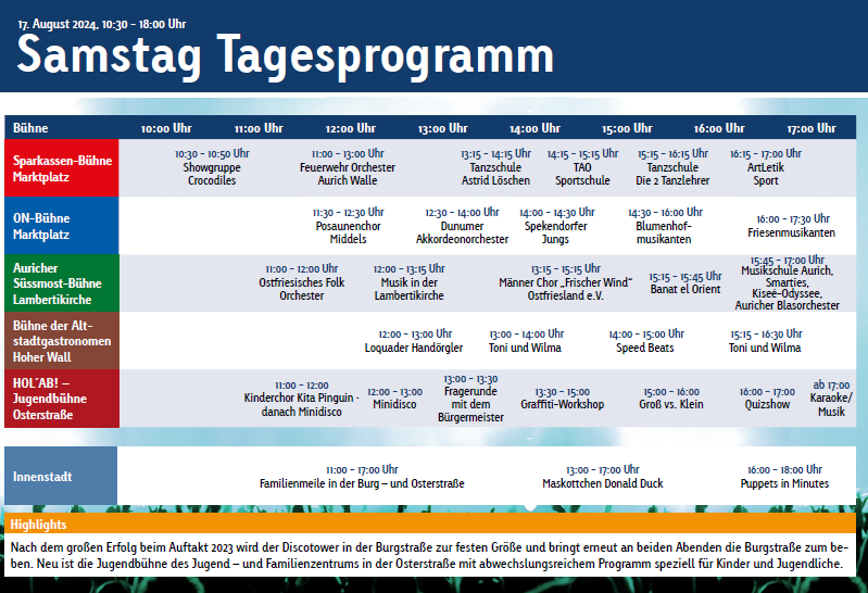 Tagesprogramm für Samstag